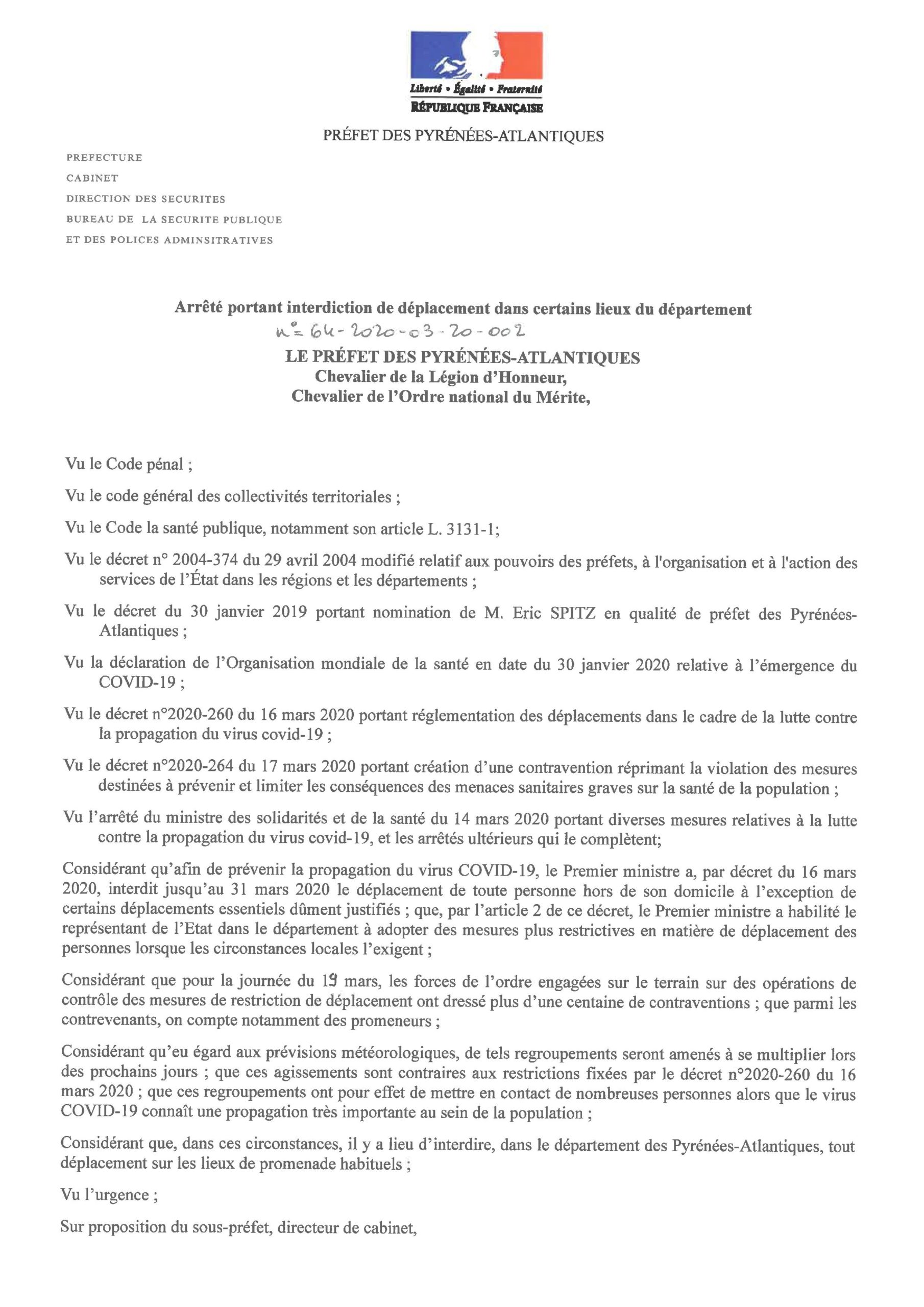 Arrete portant interdiction de deplacement dans certains lieux du departement (dont cours d’eau et plans d’eau)